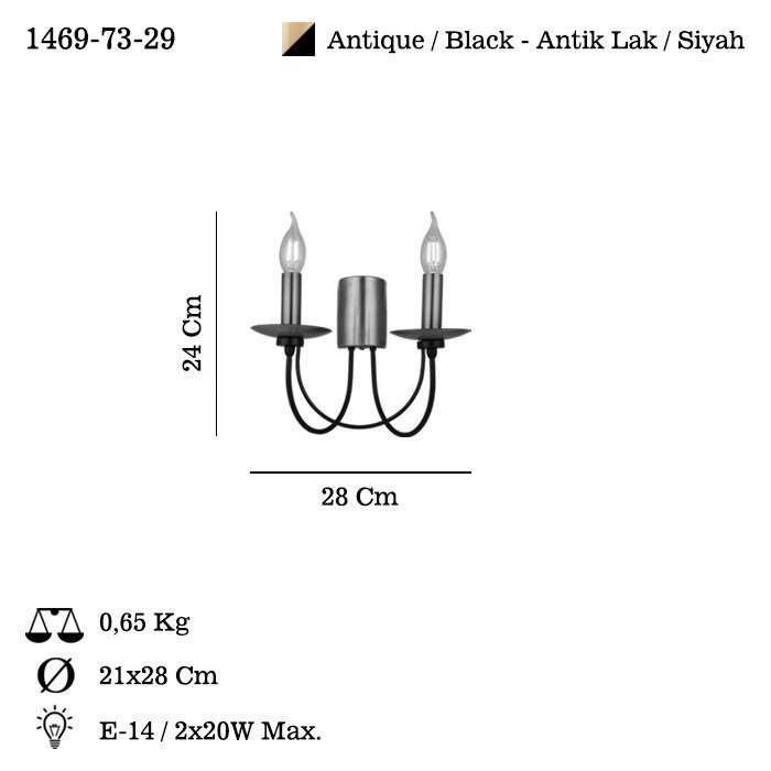 Opviq Lámpara de pared Dofa - 73-29 en metal antigüedad y negro